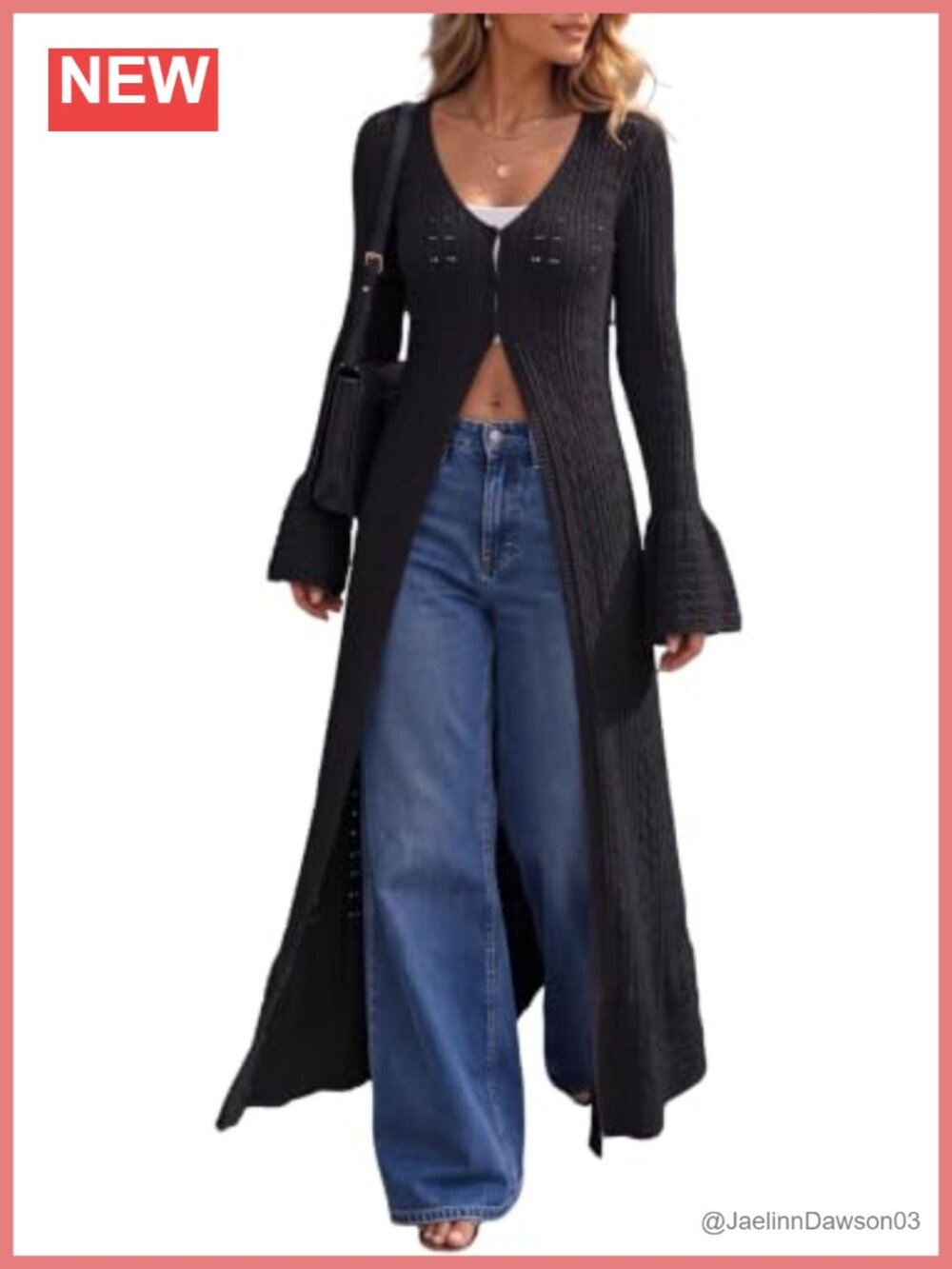 Crochet Cardigan Sweater Bell Sleeve Button Up Lightweight Duster